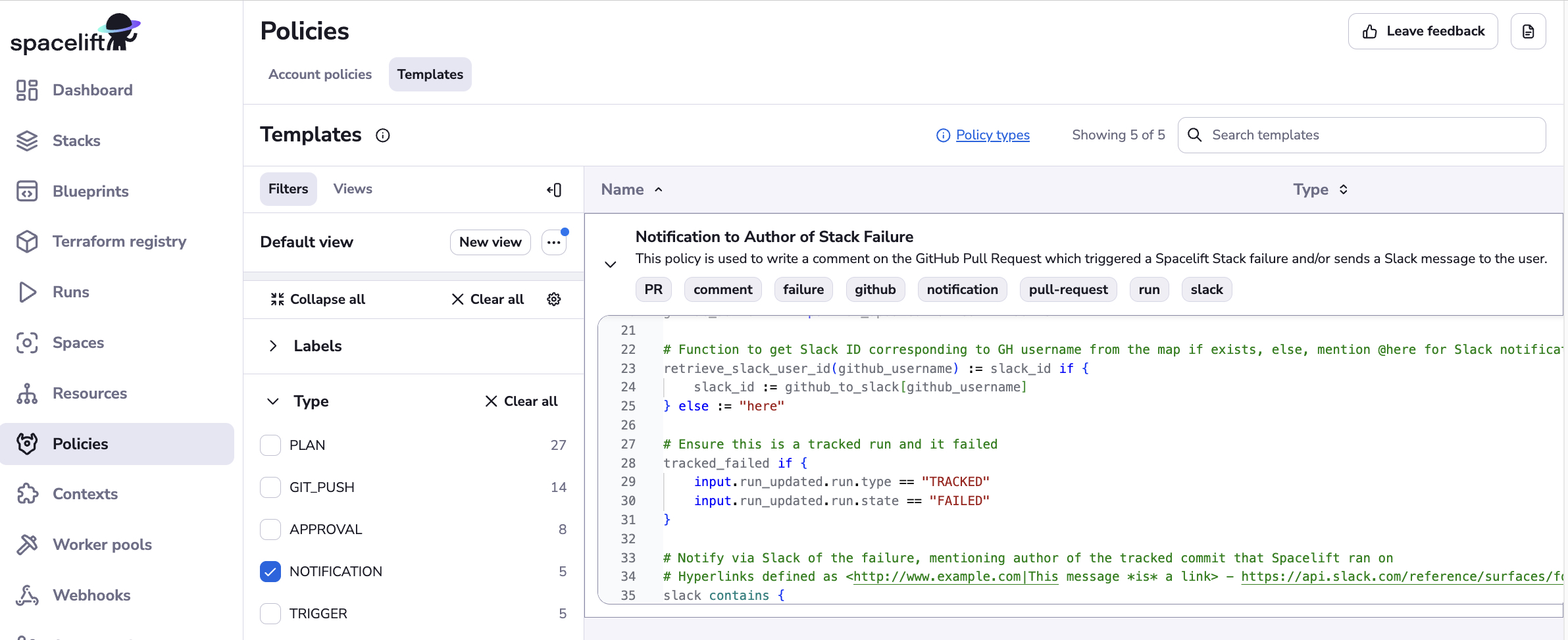 Spacelift Console UI with the Notification Policy Template